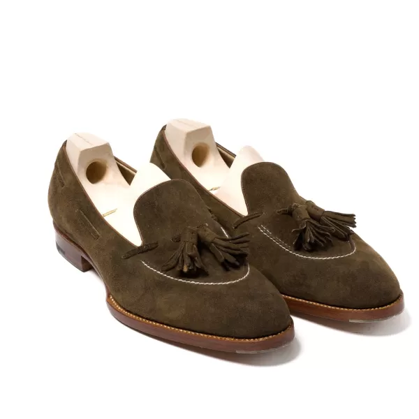 Saint Crispin's Quasten-Loafer „Short-Vamp" Aus Olivbraunem „Vintage Deer Wildleder" -* Mto