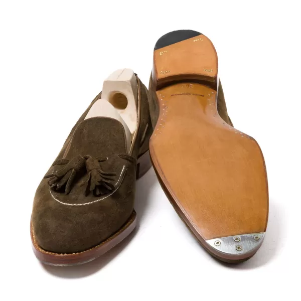 Saint Crispin's Quasten-Loafer „Short-Vamp" Aus Olivbraunem „Vintage Deer Wildleder" -* Mto